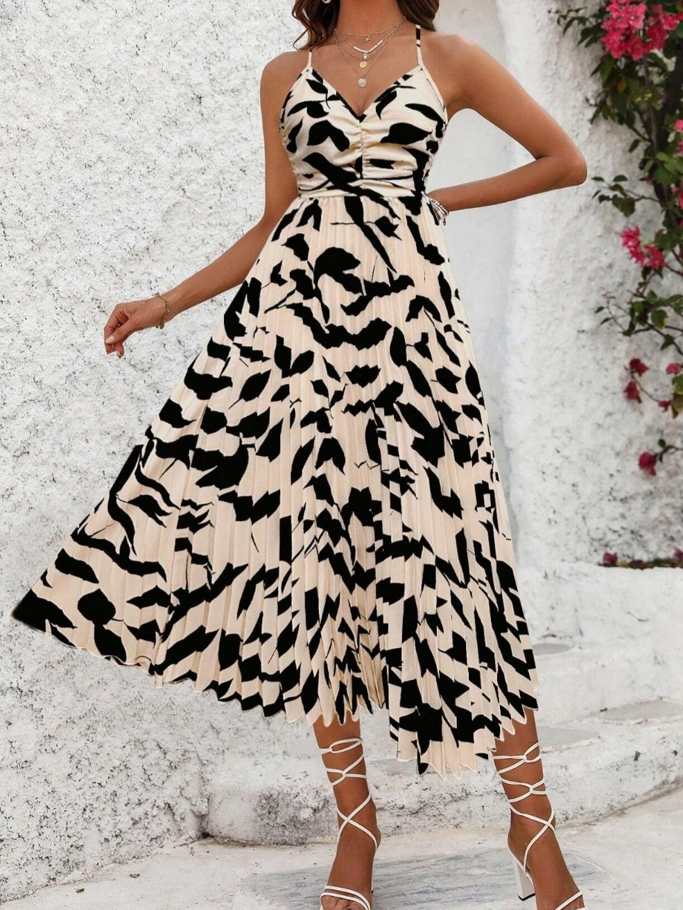 #4814 Plant Printed Halter Neck Long Dress