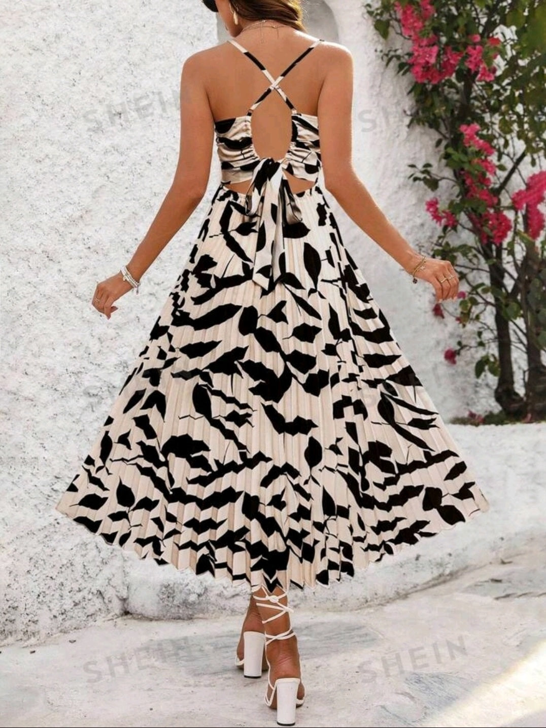 #4814 Plant Printed Halter Neck Long Dress