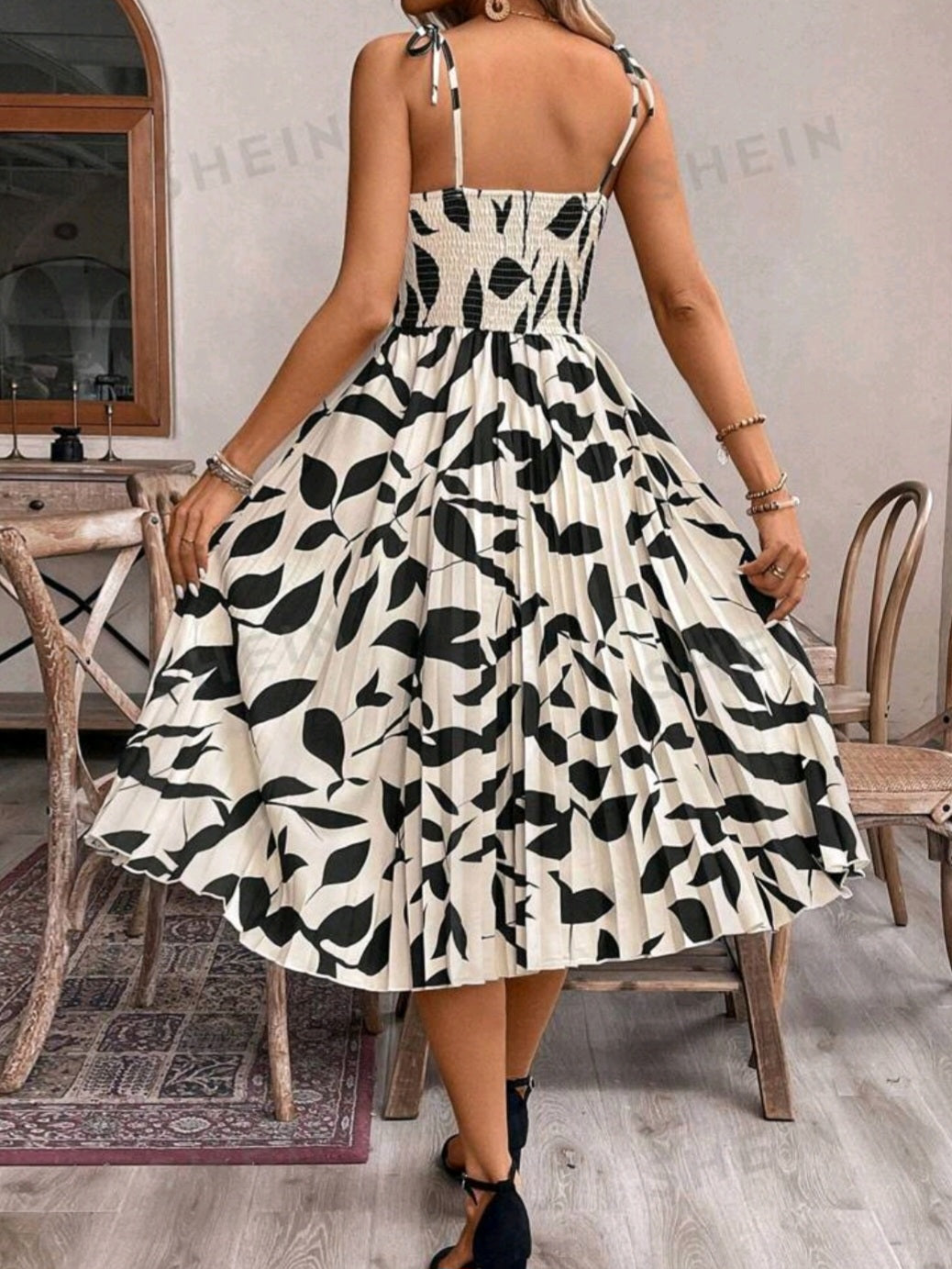 #7711 Allover Print Ruffle Sleeveless Spaghetti Strap Dress