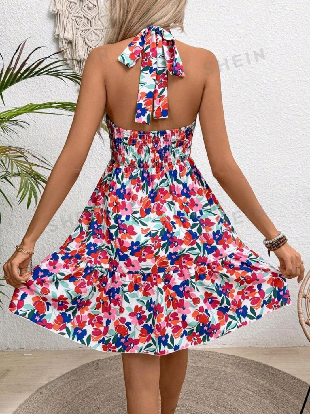 7414 Ditsy Floral Print Halter Backless Dress