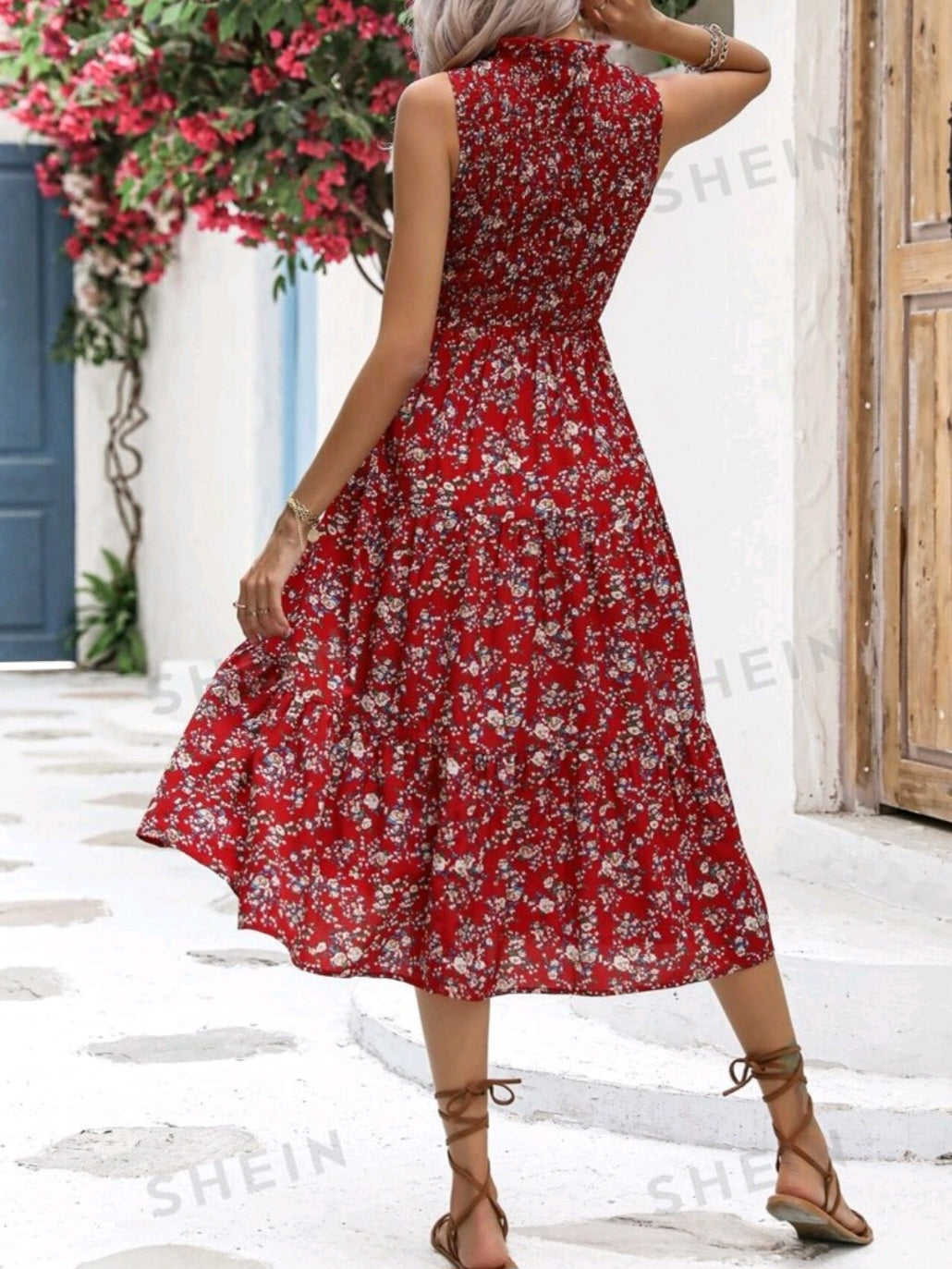 #0641 Ditsy Floral Print Sleeveless A-line Dress