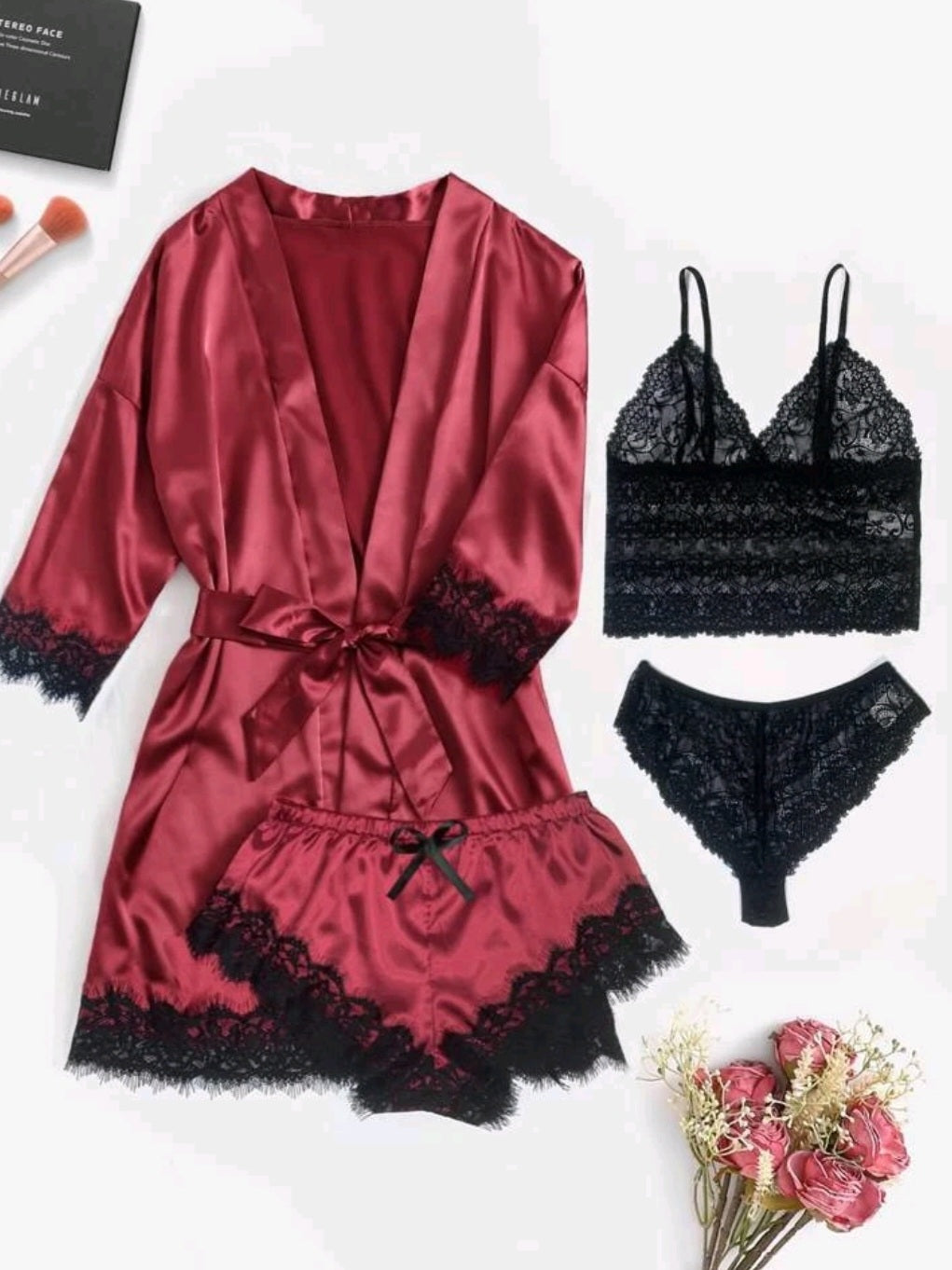 #9798 4pack Floral Lace Satin Lingerie Set
