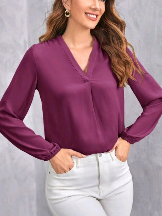 #6981 V Neck Lantern Sleeve Solid Top