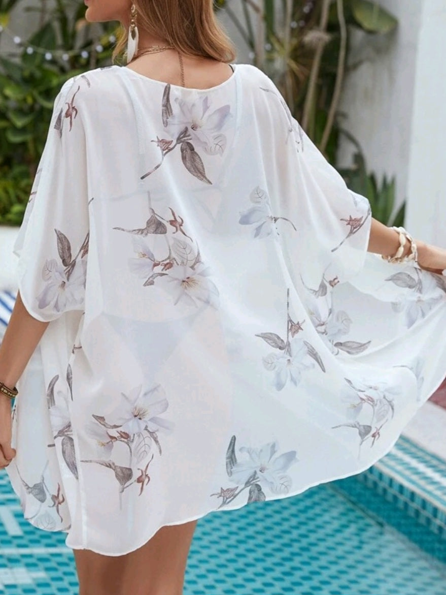 #6574 Floral Print Sheer Chiffon Kimono
