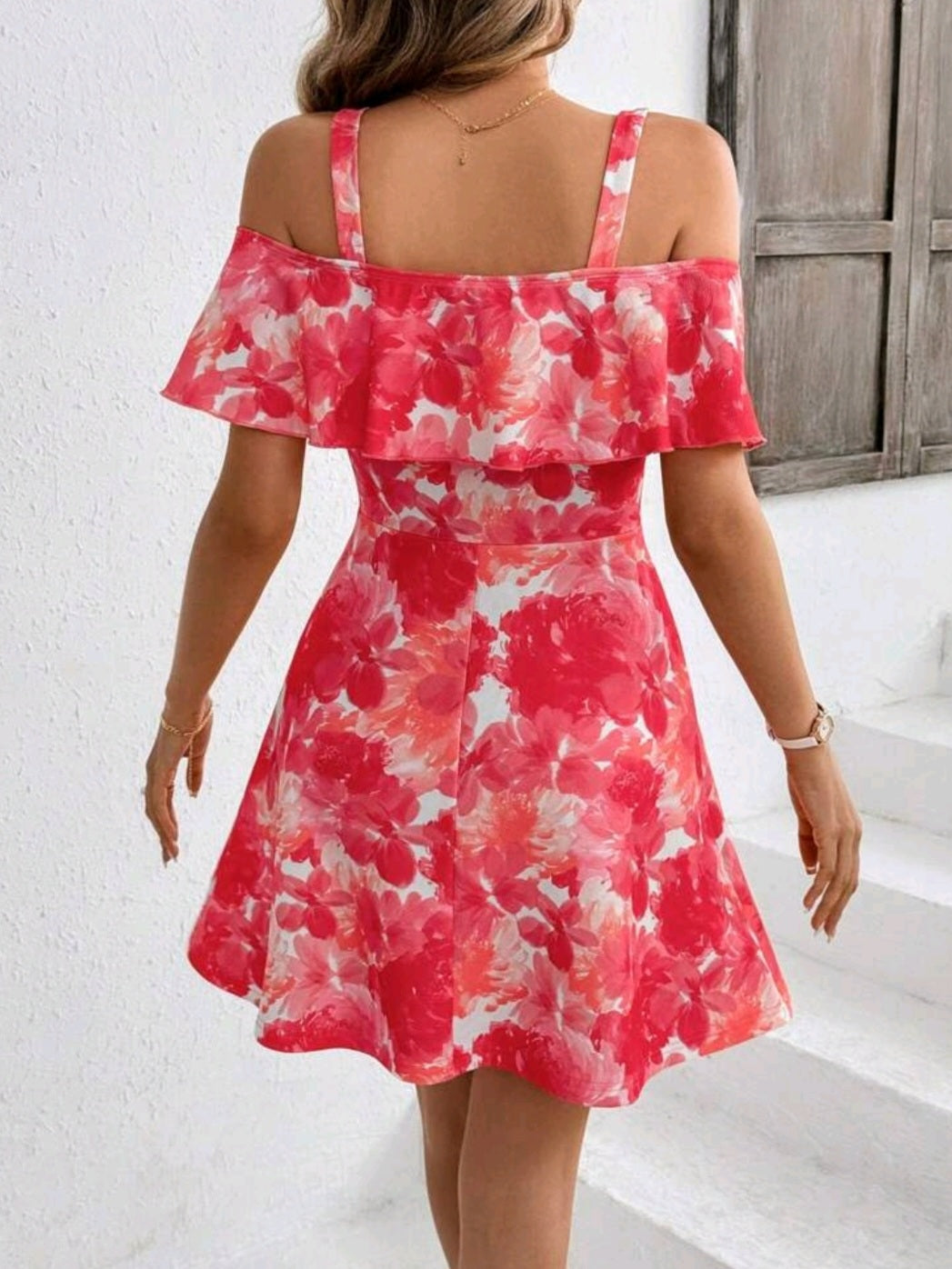 #7609 Ruffle Floral Print Ruffle Hem A-Line Dress