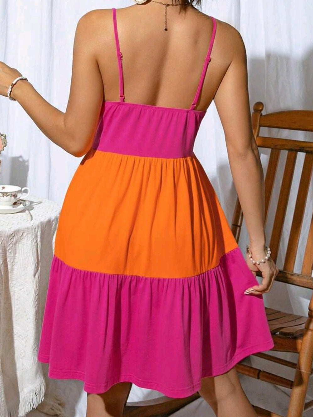 #0618 Colorblock Ruffle Hem Cami Dress