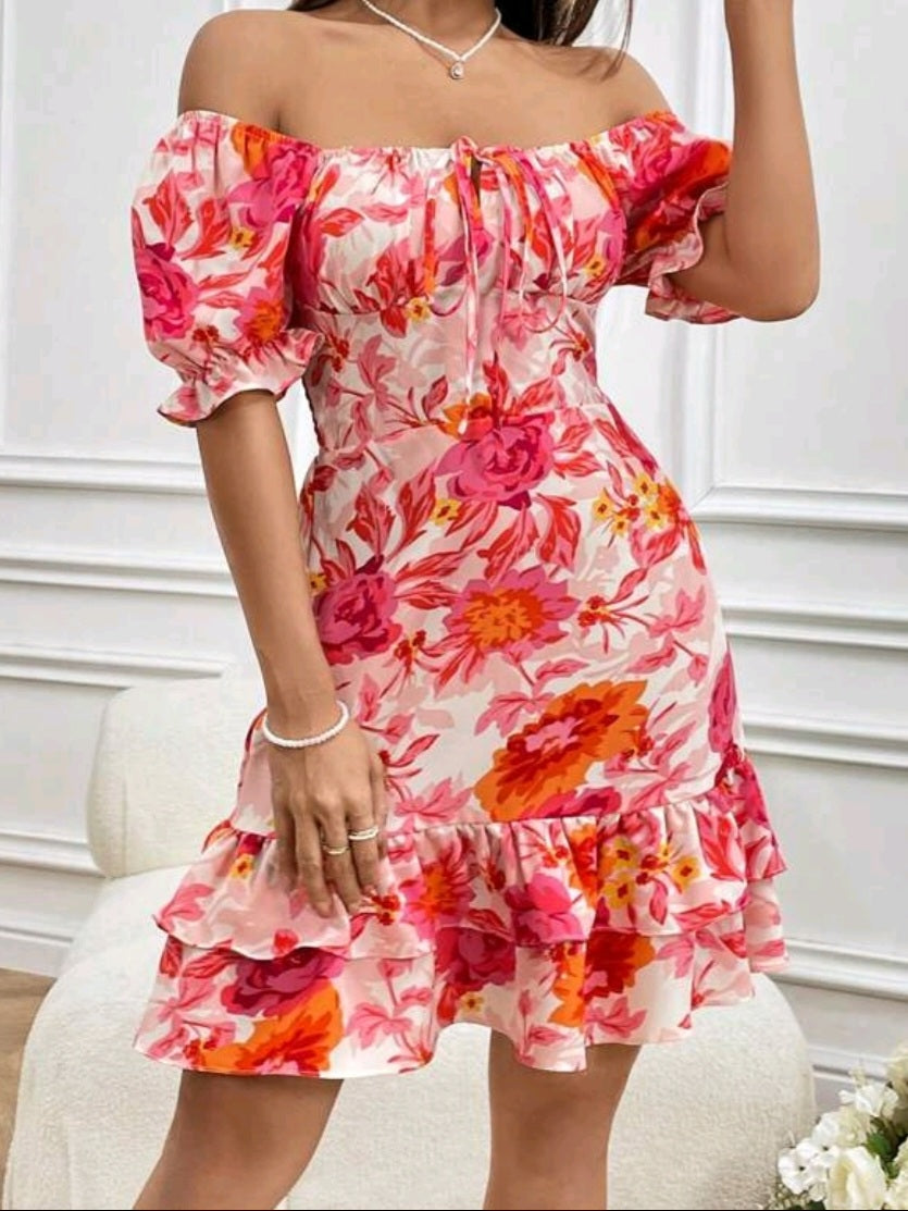 #3158 Floral Print Off Shoulder Puff Sleeve Layered Ruffle Hem Dress
