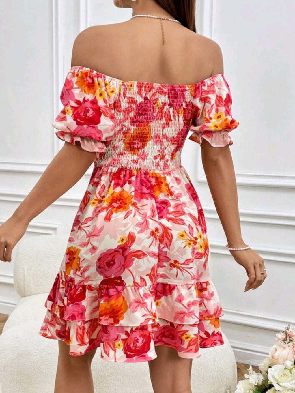 #3158 Floral Print Off Shoulder Puff Sleeve Layered Ruffle Hem Dress