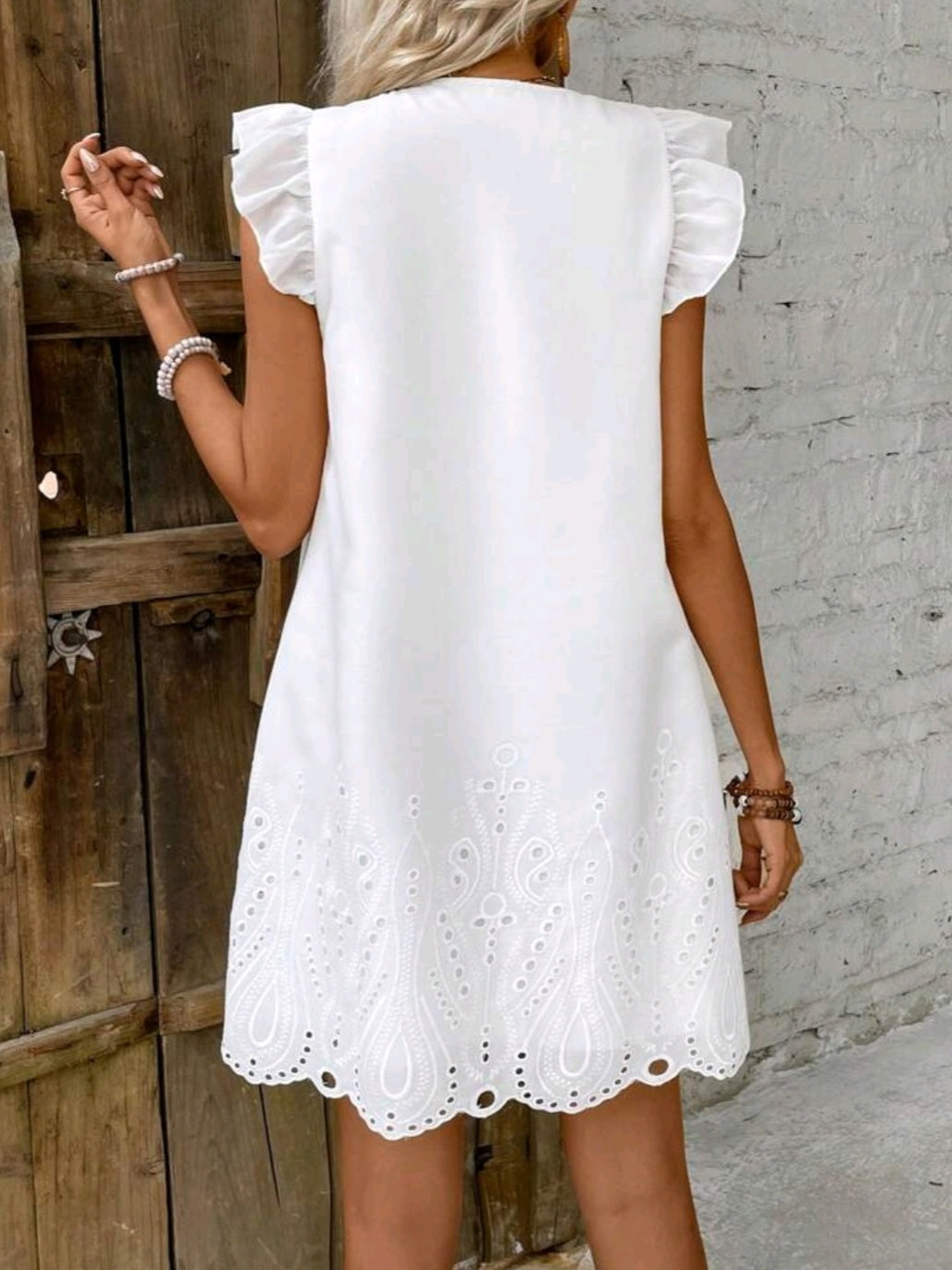 #3338 Embroidery A-Line Dress With Lace & Ruffle Hem