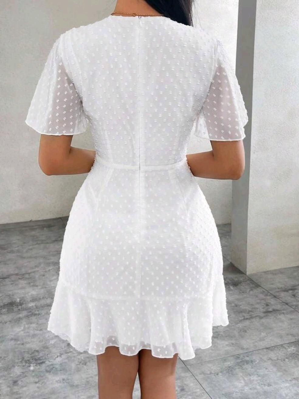 #6138 Dot Chiffon Ruffle Sleeve Mini A-Line Dress