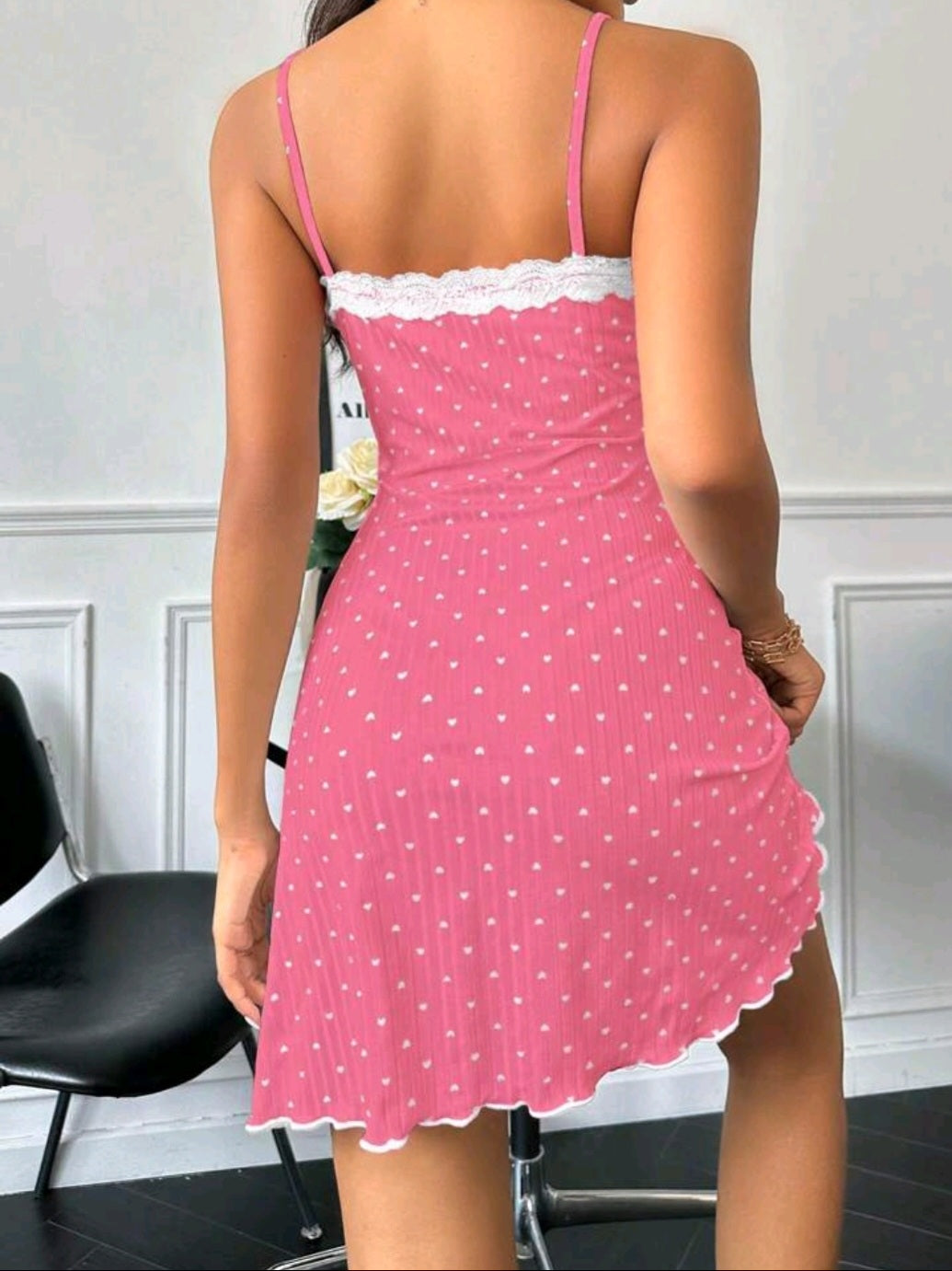 #2534 Heart Print Sleep Dress Pajama Dress With Lace Trim