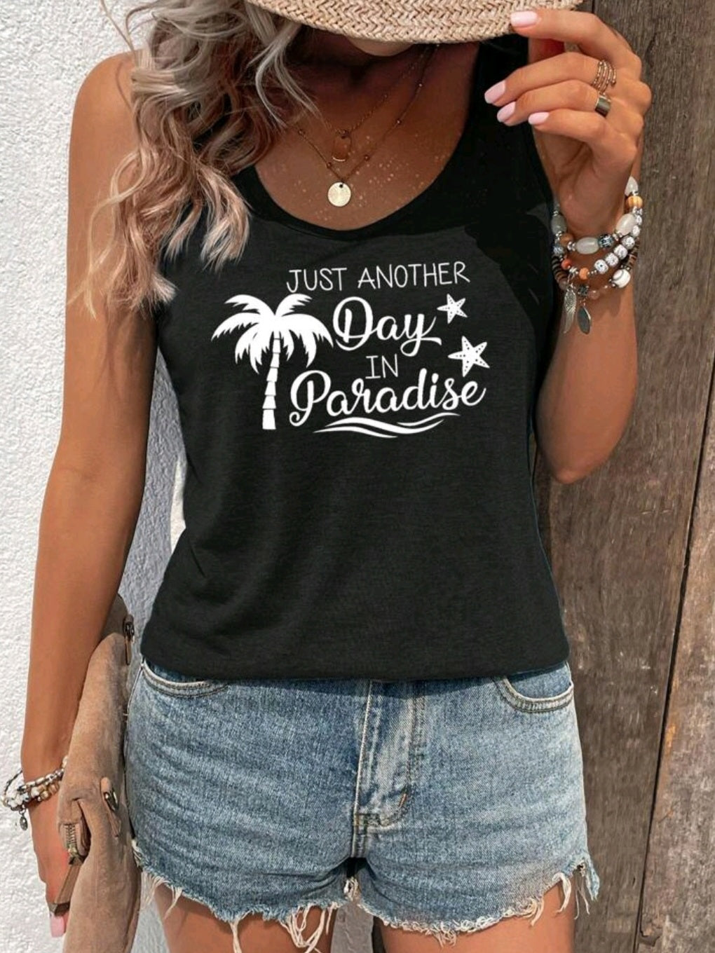 #1214 Tank Top With Slogan & Coconut Tree Printed