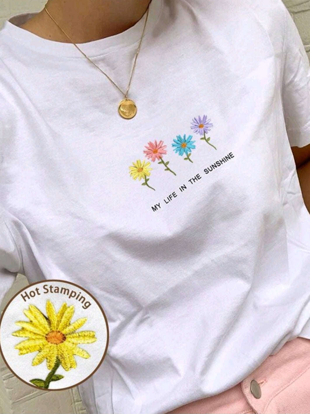 #7776 Floral Embroidery Round Neck Short Sleeve T-Shirt