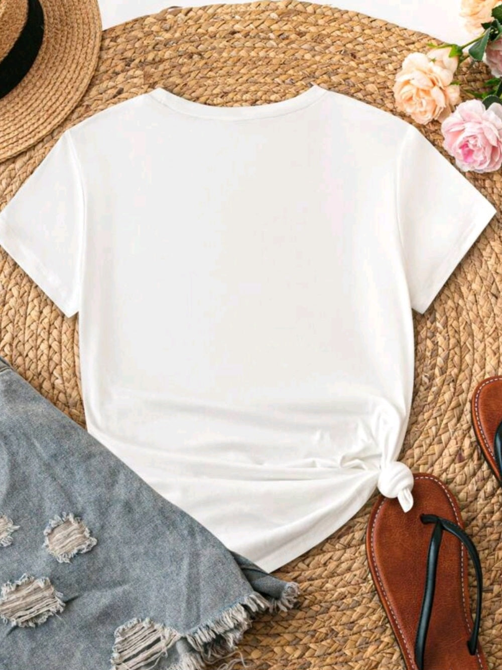 #7776 Floral Embroidery Round Neck Short Sleeve T-Shirt