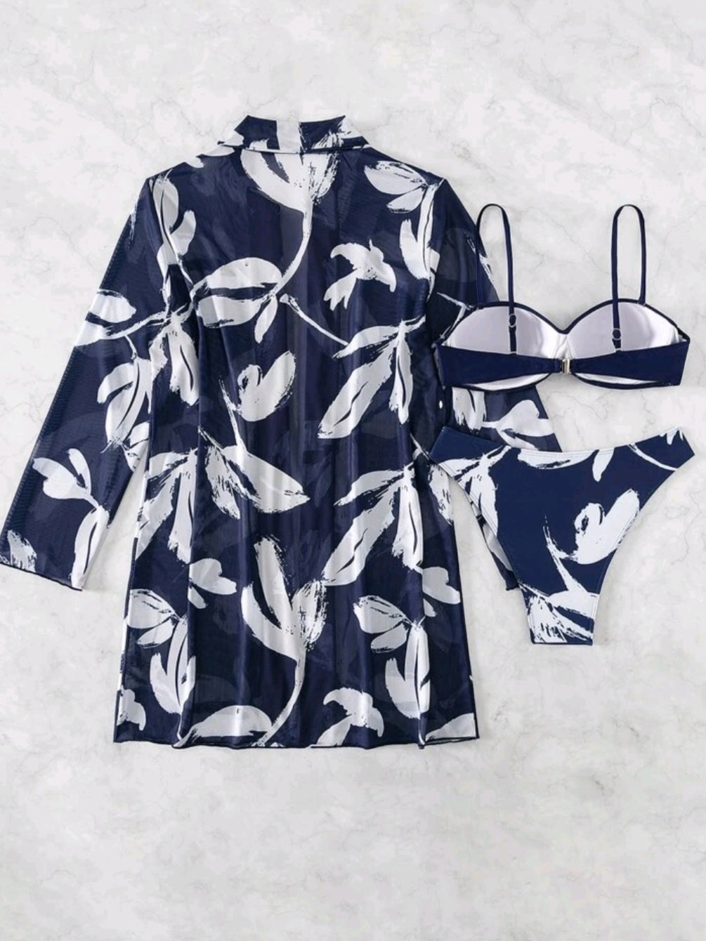 #7878 3pcs Plant Print Push Up Bandeau Bikini Set