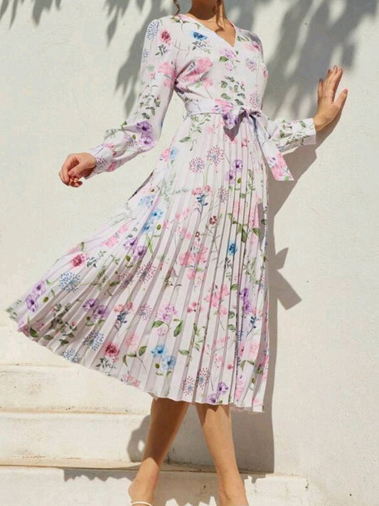 #2869 Flower Printed Belted Pleated Dress