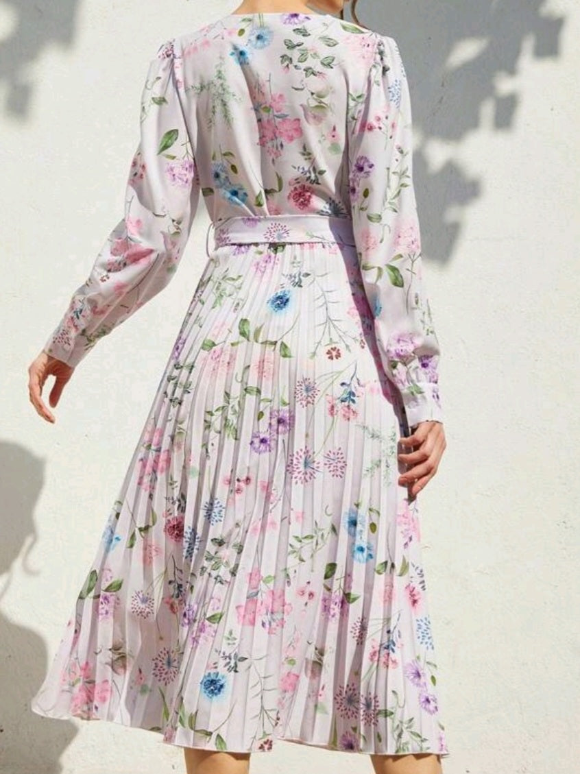 #2869 Flower Printed Belted Pleated Dress