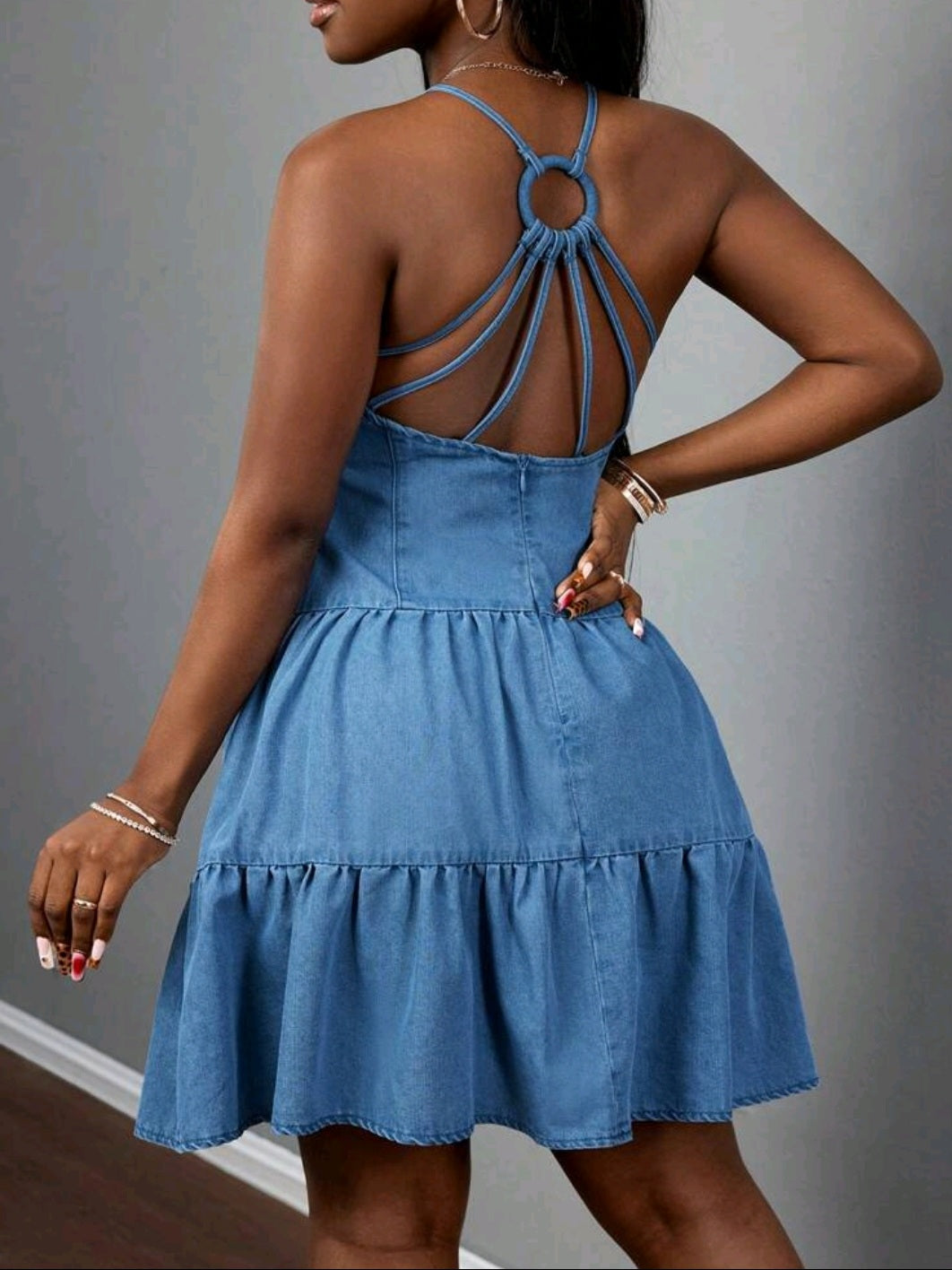 #8984 Backless, Spaghetti Strap Denim Dress
