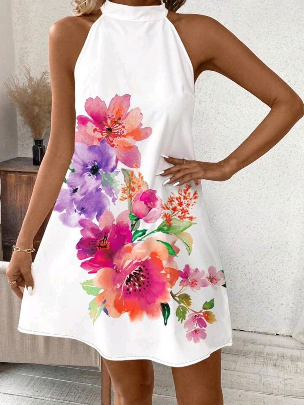 #7170 Floral Printed Halterneck Dress