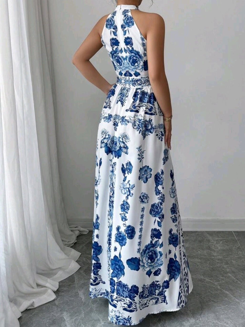 4514 Floral Print Halter Long Dress