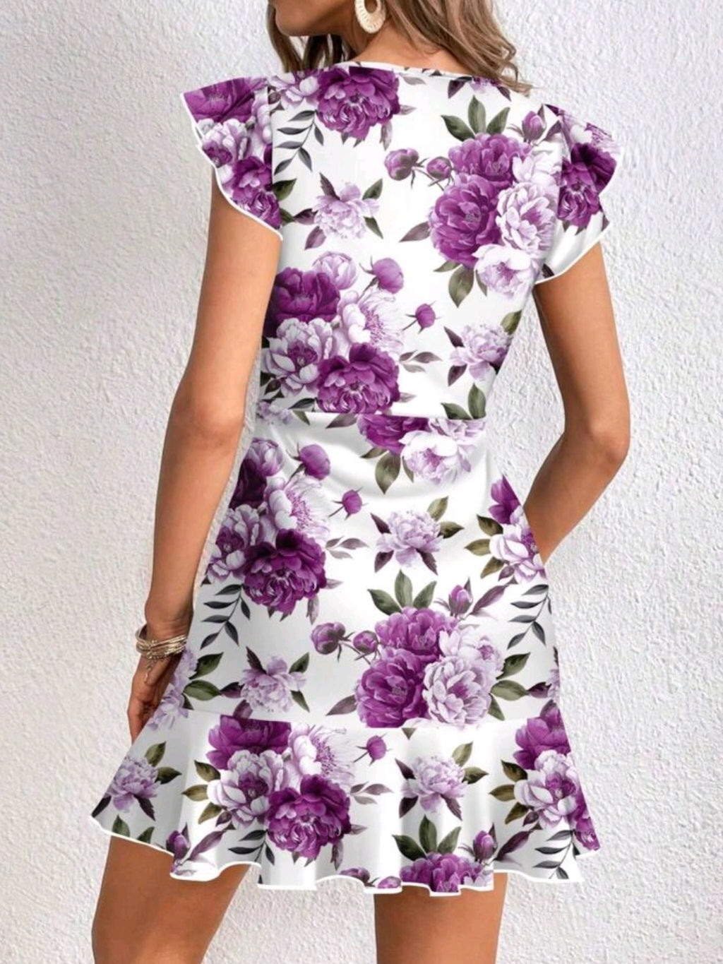 #4456 Floral Print Ruffle Cap Sleeve Mini Dress