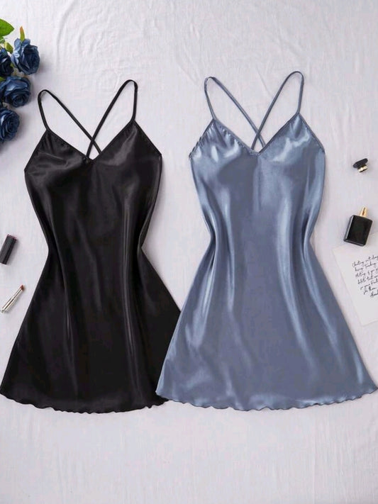 #4939 Solid Color Cross-Strap Satin Nightgown