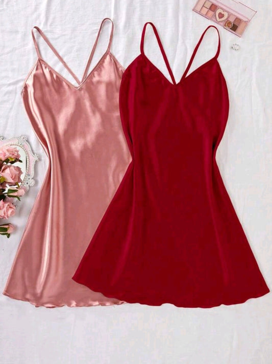 #2268 2 piece set Satin Cross Strap Nightgown