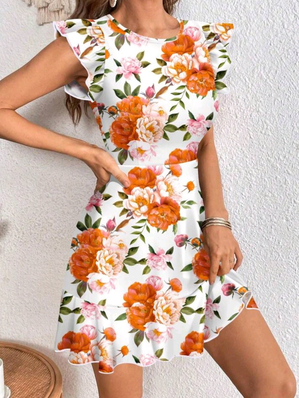 #3555 Floral Pattern Cap Sleeve Cinched Waist Dress
