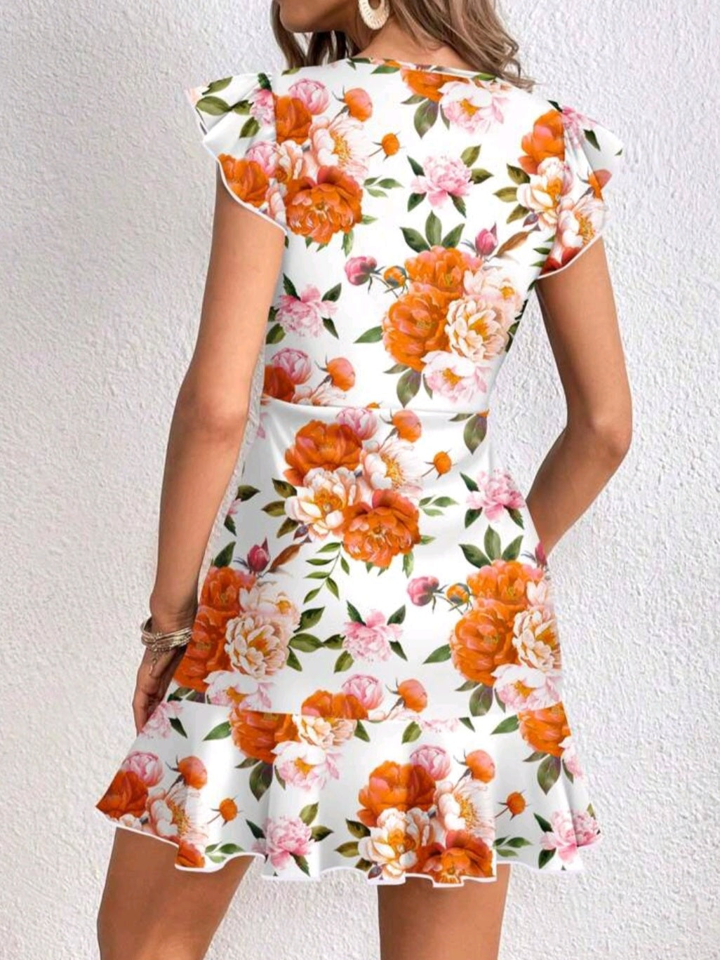 #3555 Floral Pattern Cap Sleeve Cinched Waist Dress