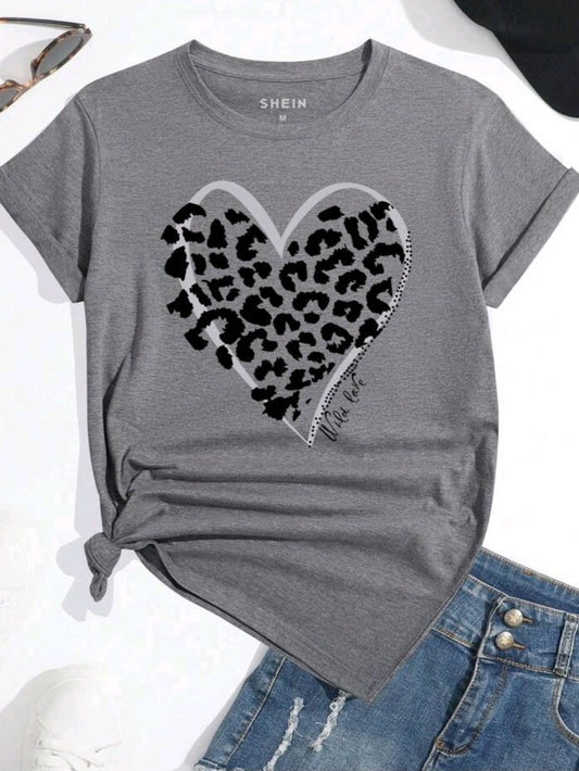 #3644 Leopard Heart And Letter Print T-Shirt