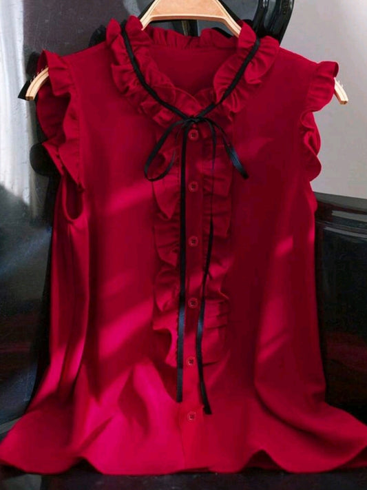 #3365 Ruffle Trim Sleeveless Elegant Blouse