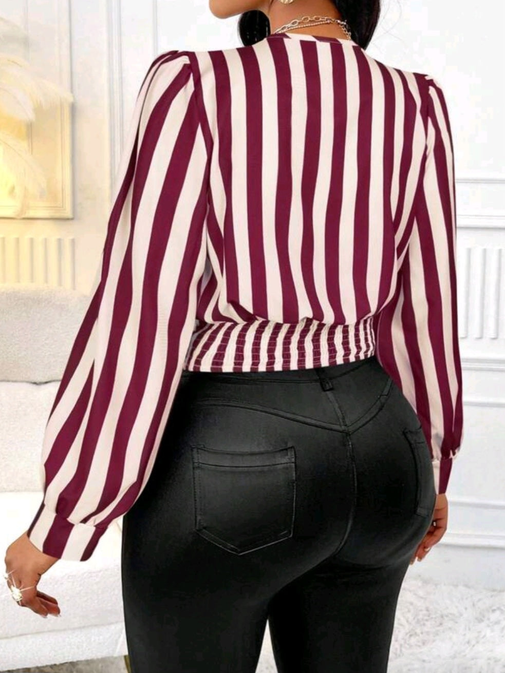 #3115 Striped V-Neck Long Sleeve Ruched Waist Elegant Blouse