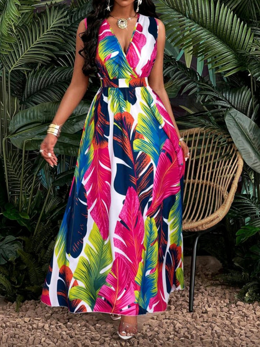 #4060 Tropical Print Deep V Neckline Cinched Waist Fit And Flare Dress
