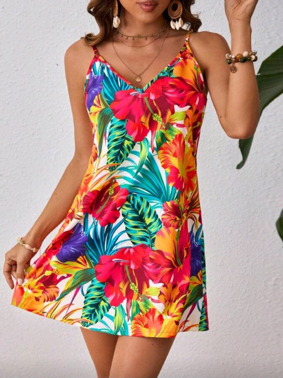 #6277 Floral Print V-Neck Strappy Dress Hawaiian Dress