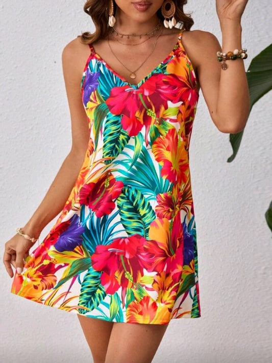 #6277 Floral Print V-Neck Strappy Dress Hawaiian Dress
