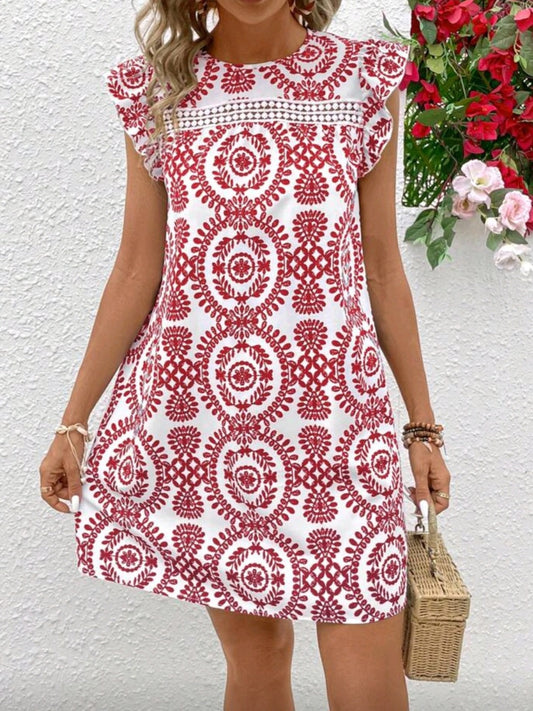 #8107 (2271) Round Neck Short Cap Sleeve Floral Dress