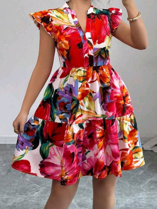 #6290 (3051) Floral All Over Print Cap Sleeve Dress