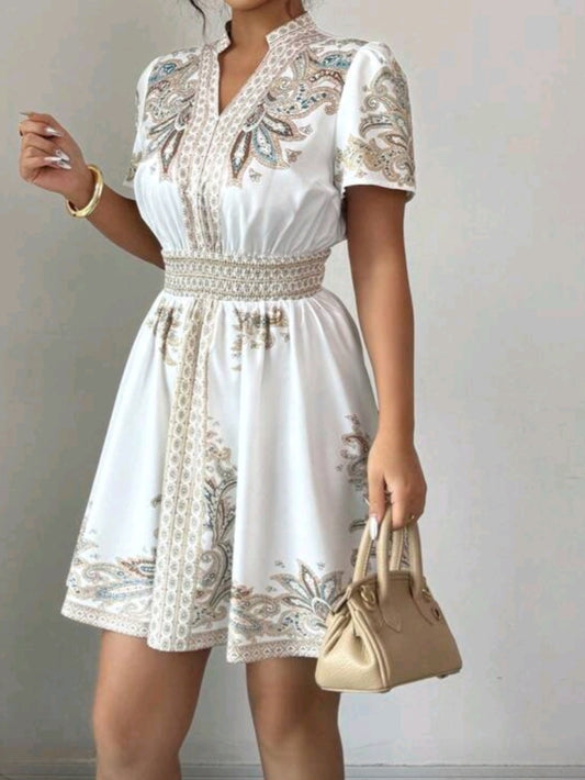 #0055 Bohemian Floral Print Cinched Waist Dress