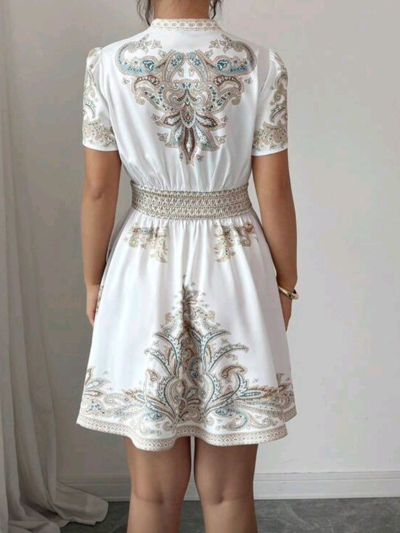 #0055 Bohemian Floral Print Cinched Waist Dress