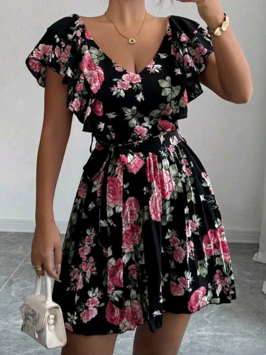 #2536 Ruffled V-Neck Cinched Waist A-Line Floral Dress