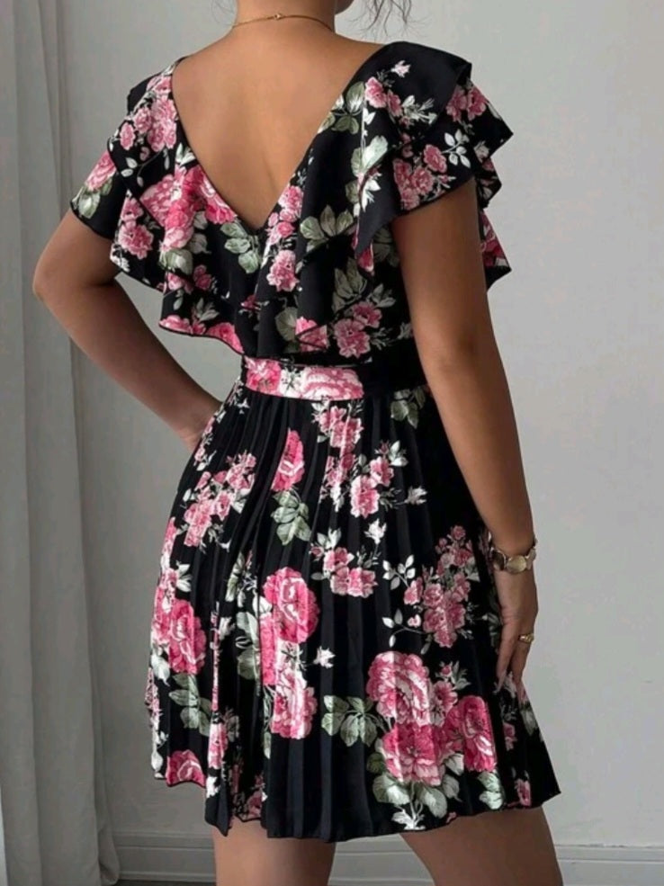 #2536 Ruffled V-Neck Cinched Waist A-Line Floral Dress