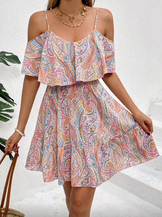 #6555 Paisley Print Ruffle Hem Strap Dress