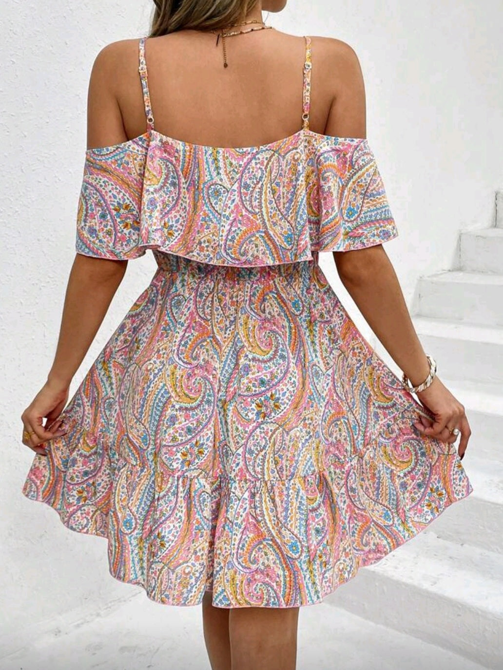 #6555 Paisley Print Ruffle Hem Strap Dress