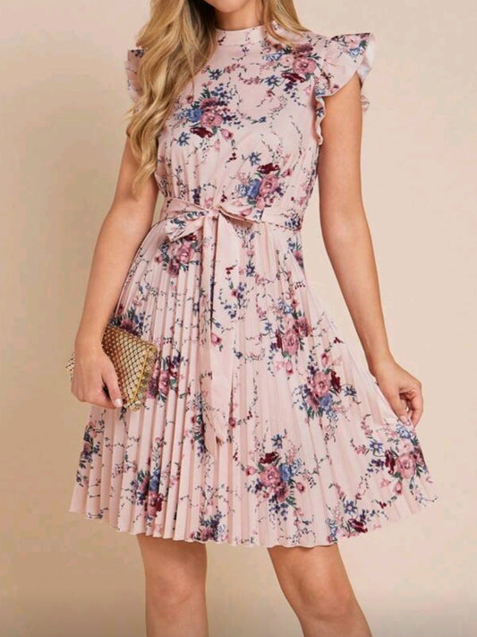 #0088 Floral Print Small Cap Sleeves Pleated Dress