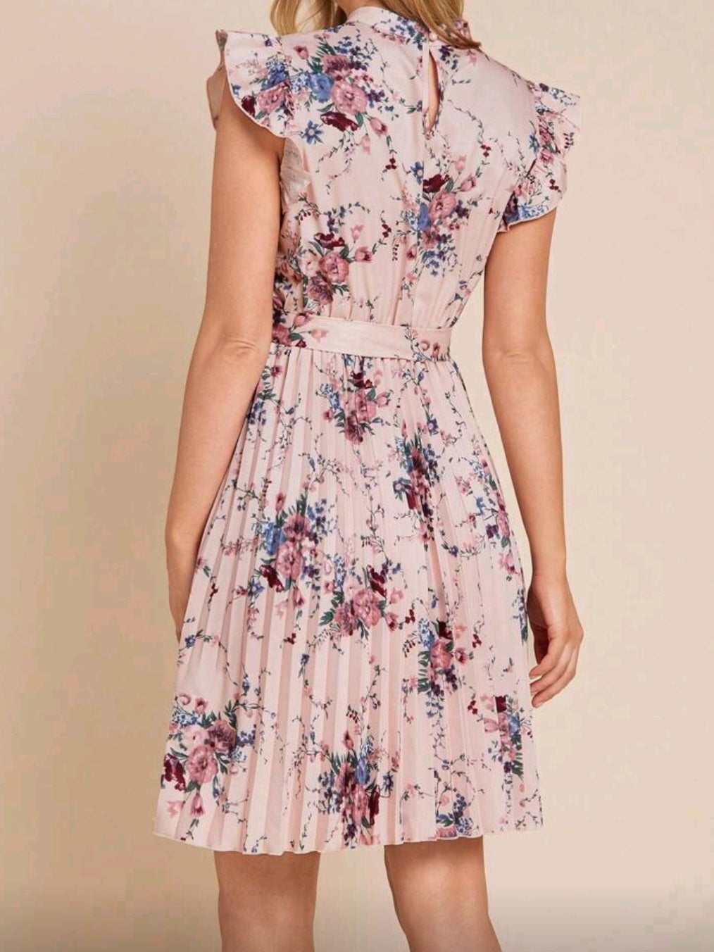 #0088 Floral Print Small Cap Sleeves Pleated Dress