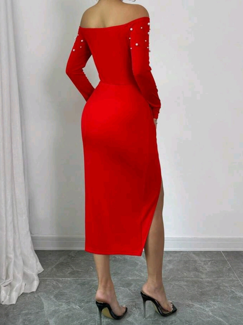 #6678 Long Sleeve Ruched High Slit Pearl Design Bodycon Dress