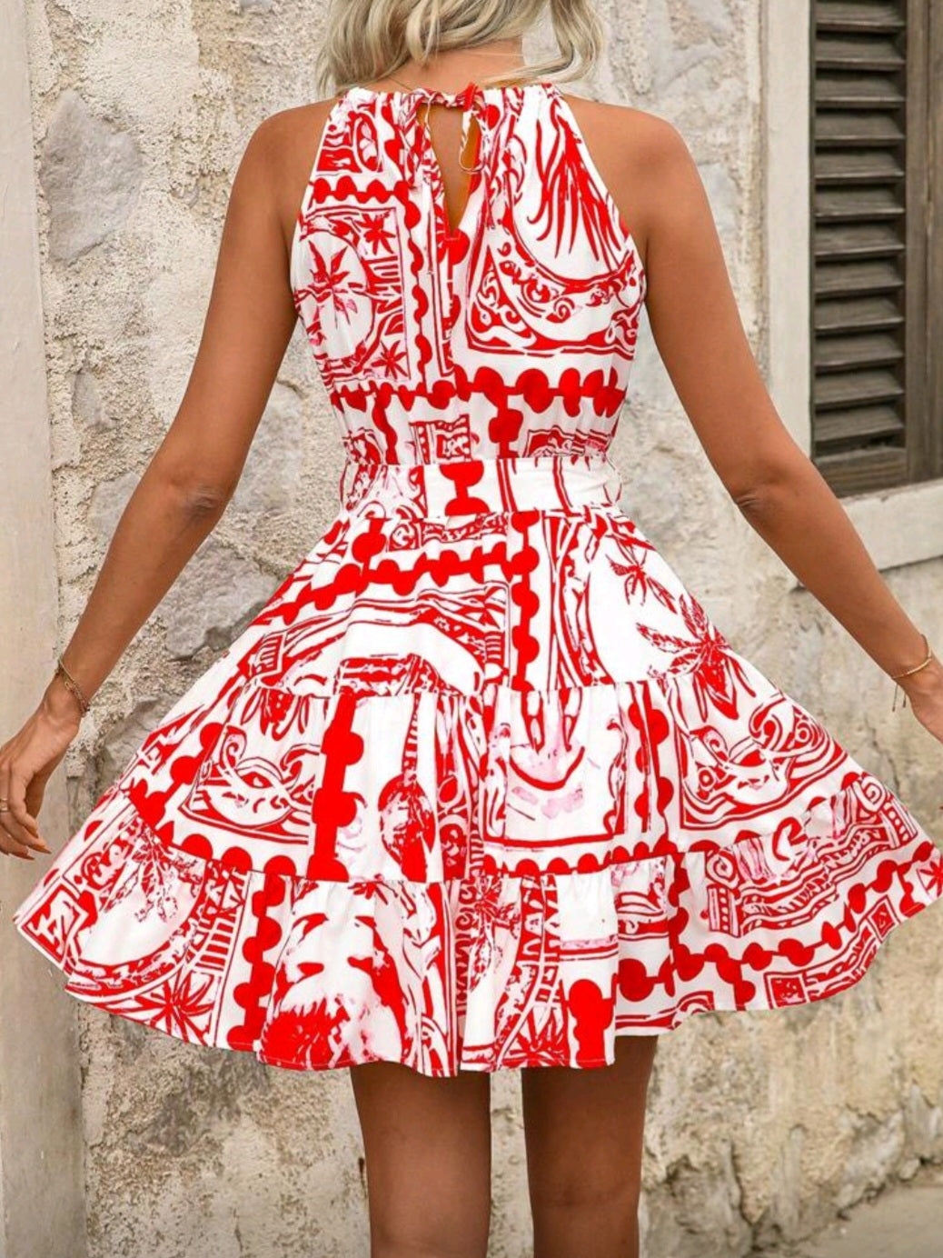 #9875 Holiday Printed Halter Neck Mini Dress
