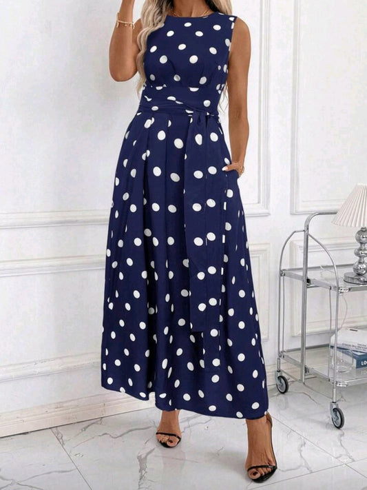 #2470  Round Neck Polka Dot Maxi Dress With Pocket