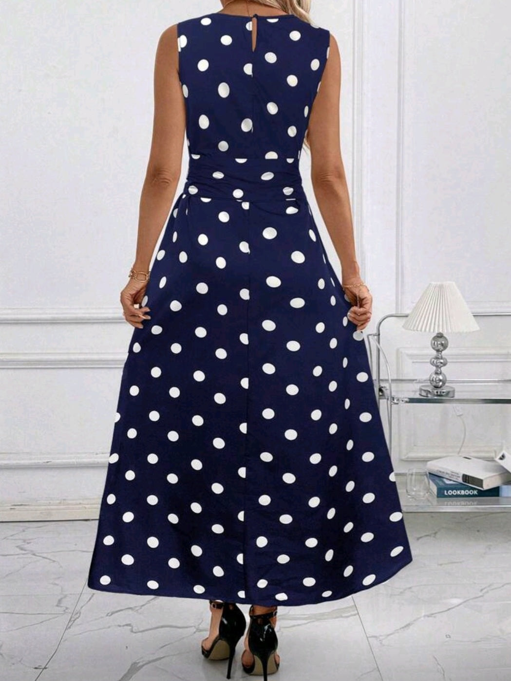 #2470  Round Neck Polka Dot Maxi Dress With Pocket