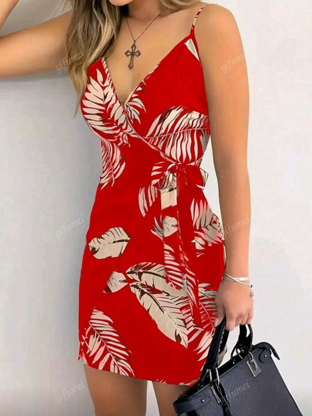 #5521 V-Neck Spaghetti Strap Tropical Plant Print Tie Waist Dress